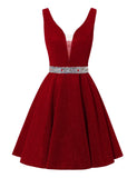 Satin Glitter Homecoming Dresses for Teens Short Prom Dress V-Neck Beaded Evening Formal Cocktail Party Gowns