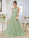 One Shoulder Bridesmaid Dresses for Women Satin Pleated A Line Long Formal Prom Dress with Pockets