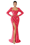 Mermaid Sequin Prom Dresses for Women 2026 Long Sleeve Ruched Formal Dress with Slit Sparkly Evening Party Gowns