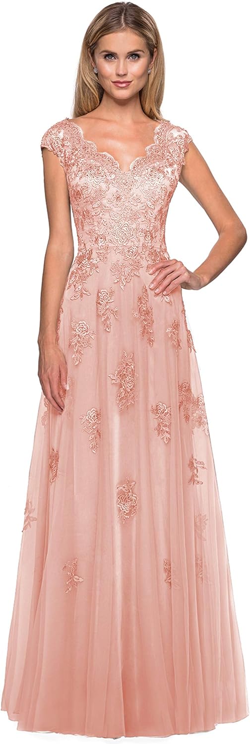 Women's V Neck Cap Sleeves Mother of The Bride Dresses Long Lace Formal Prom Evening Gowns with Pockets