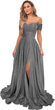 Women's Glittery Prom Dresses Long Ball Gown Off Shoulder High Slit Formal Evening Gowns with Pockets