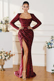 Mermaid Sequin Prom Dresses for Women 2026 Long Sleeve Ruched Formal Dress with Slit Sparkly Evening Party Gowns