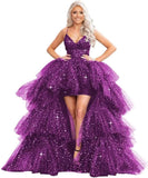 Puffy Sequins Tulle High-Low Prom Dresses for Women 2027, Glitter V Neck Formal Ball Gown Wedding Party Dress