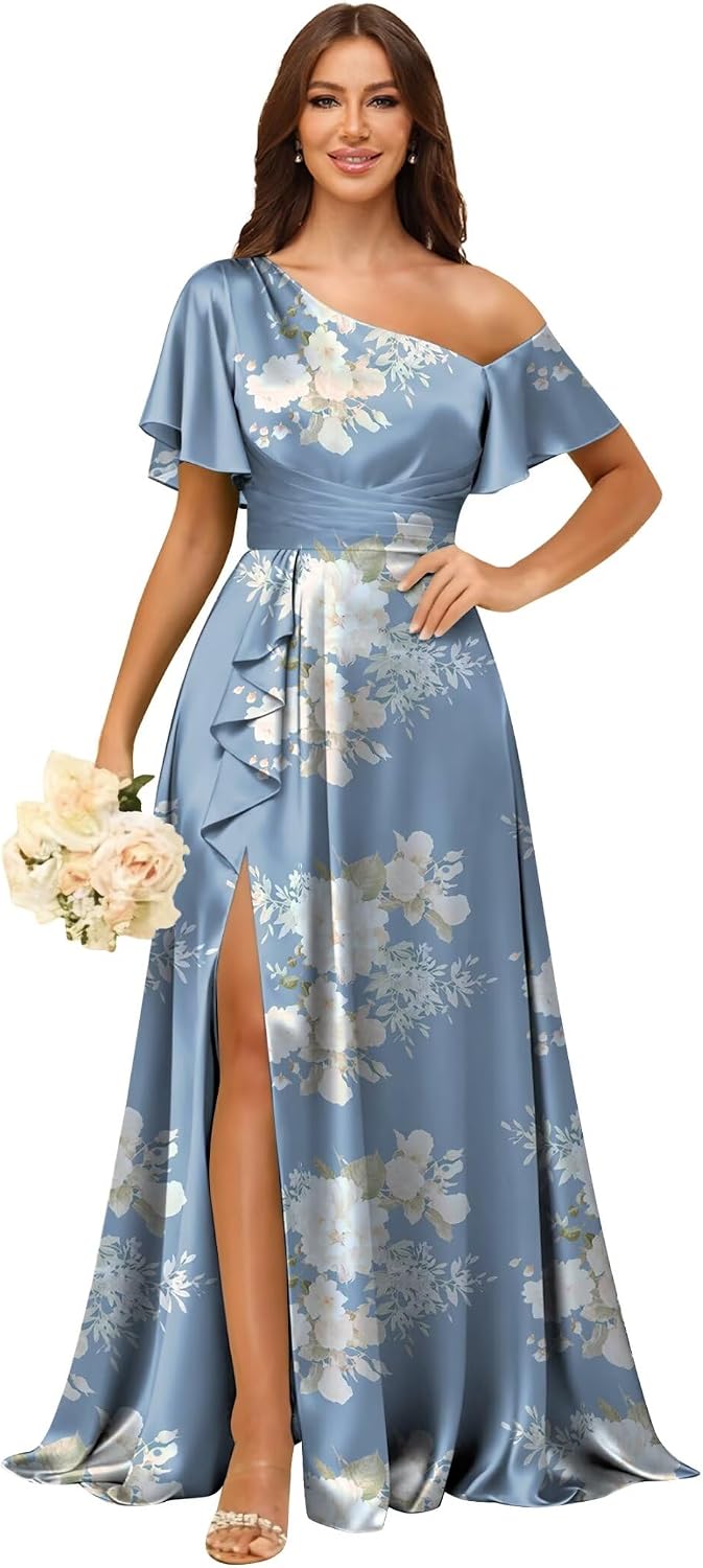 Short Sleeve Satin Bridesmaid Dresses for Women Ruffle One Shoulder Formal Evening Gowns with Slit