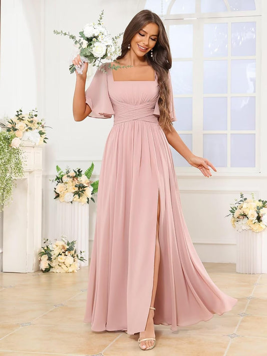 Square Neck Bridesmaid Dresses with Slit Pockets Flutter Sleeve Long Chiffon Formal Wedding Guest Dress