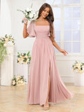 Square Neck Bridesmaid Dresses with Slit Pockets Flutter Sleeve Long Chiffon Formal Wedding Guest Dress