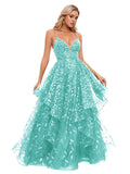 Spaghetti Strap Prom Dresses for Women V Neck Sparkly Sequin Tulle Tiered Ball Gown Long Formal Evening Dress