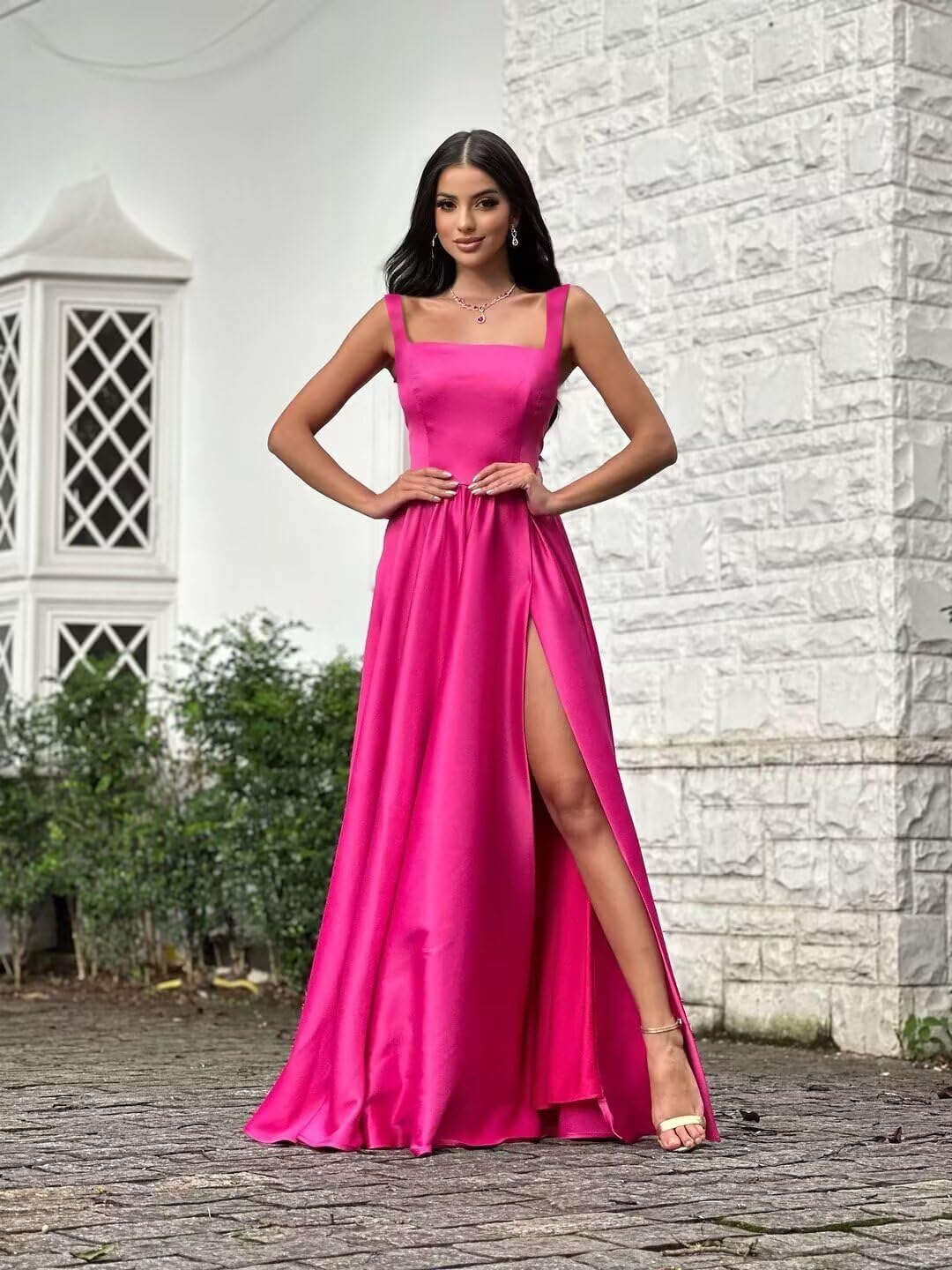 Spaghetti Straps Satin Bridesmaid Dresses for Women Long A-Line Square Neck Formal Evening Party Gown with Slit