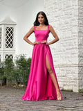 Spaghetti Straps Satin Bridesmaid Dresses for Women Long A-Line Square Neck Formal Evening Party Gown with Slit