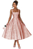 Floral Satin Jacquard Prom Dresses 2026 A-Line Tea Length Midi Square Neck Evening Party Gown with Pockets for Women