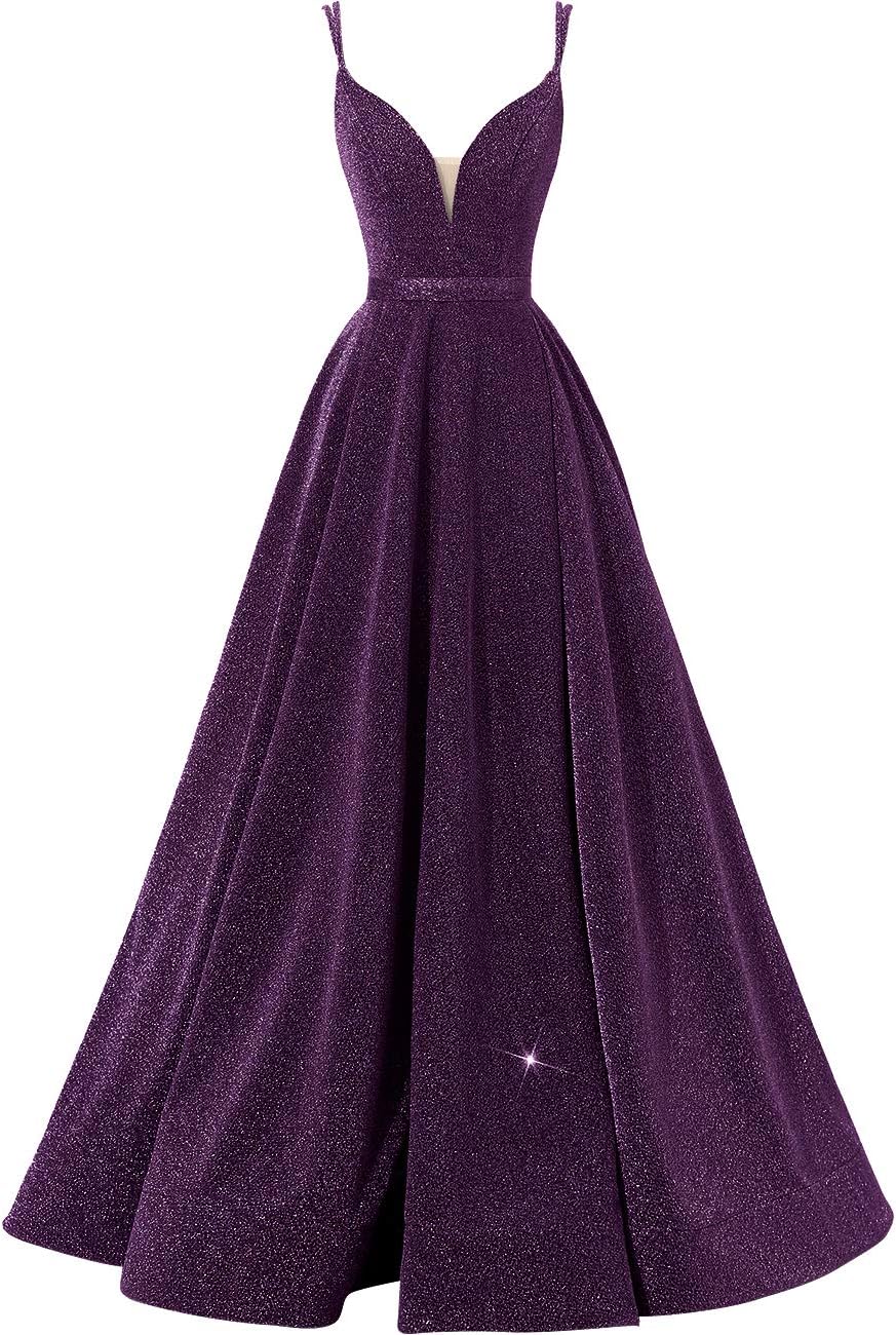 Women's Glittery Spaghetti V-Neck Prom Dresses Long Side Split Formal Evening Gowns