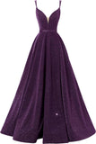 Women's Glittery Spaghetti V-Neck Prom Dresses Long Side Split Formal Evening Gowns