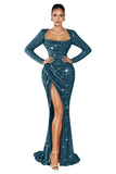 Mermaid Sequin Prom Dresses for Women 2026 Long Sleeve Ruched Formal Dress with Slit Sparkly Evening Party Gowns