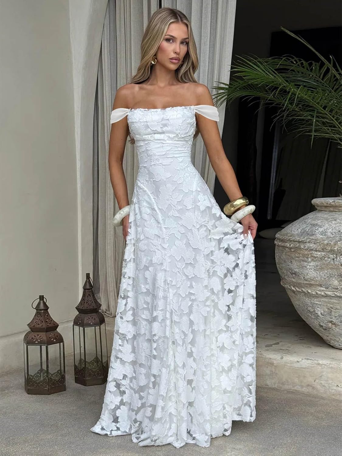 Off The Shoulder Floral Bridesmaid Dresses Long Lace Appliques Formal Gown A Line Wedding Guest Dress