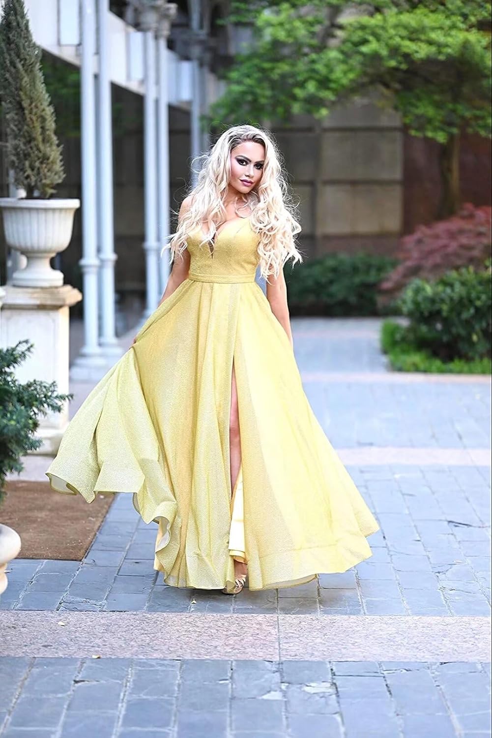 Women's Glittery Spaghetti V-Neck Prom Dresses Long Side Split Formal Evening Gowns