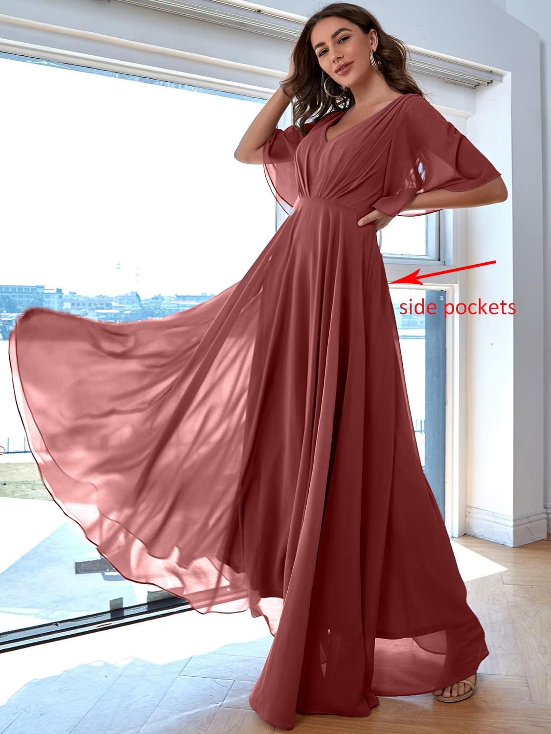 Women's Batwing Sleeve Chiffon Bridesmaid Dresses with Pockets V Neck Long Formal Evening Dress