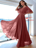 Women's Batwing Sleeve Chiffon Bridesmaid Dresses with Pockets V Neck Long Formal Evening Dress
