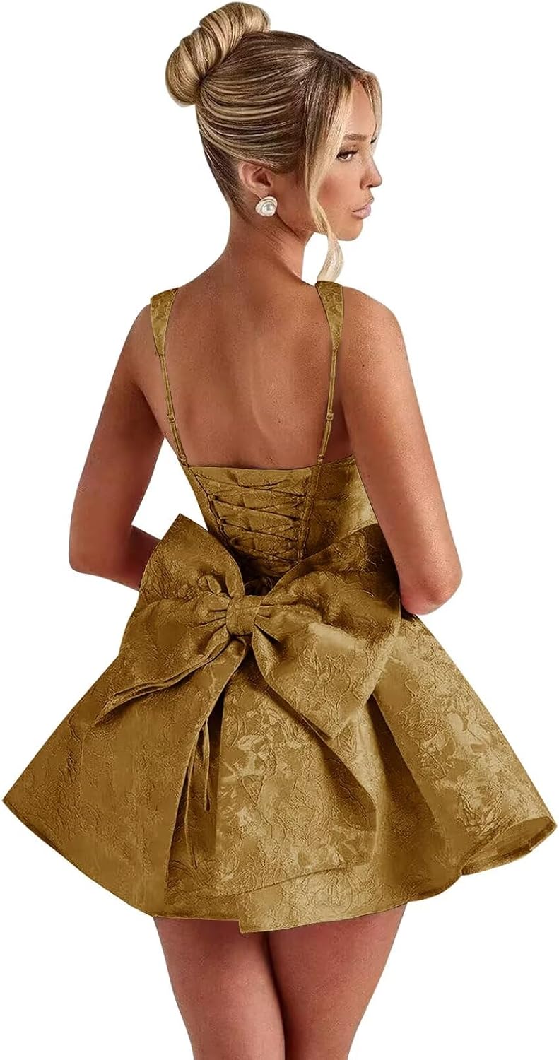 Satin Jacquard Homecoming Dress with Bow Short A-Line Mini Prom Cocktail Party Gown