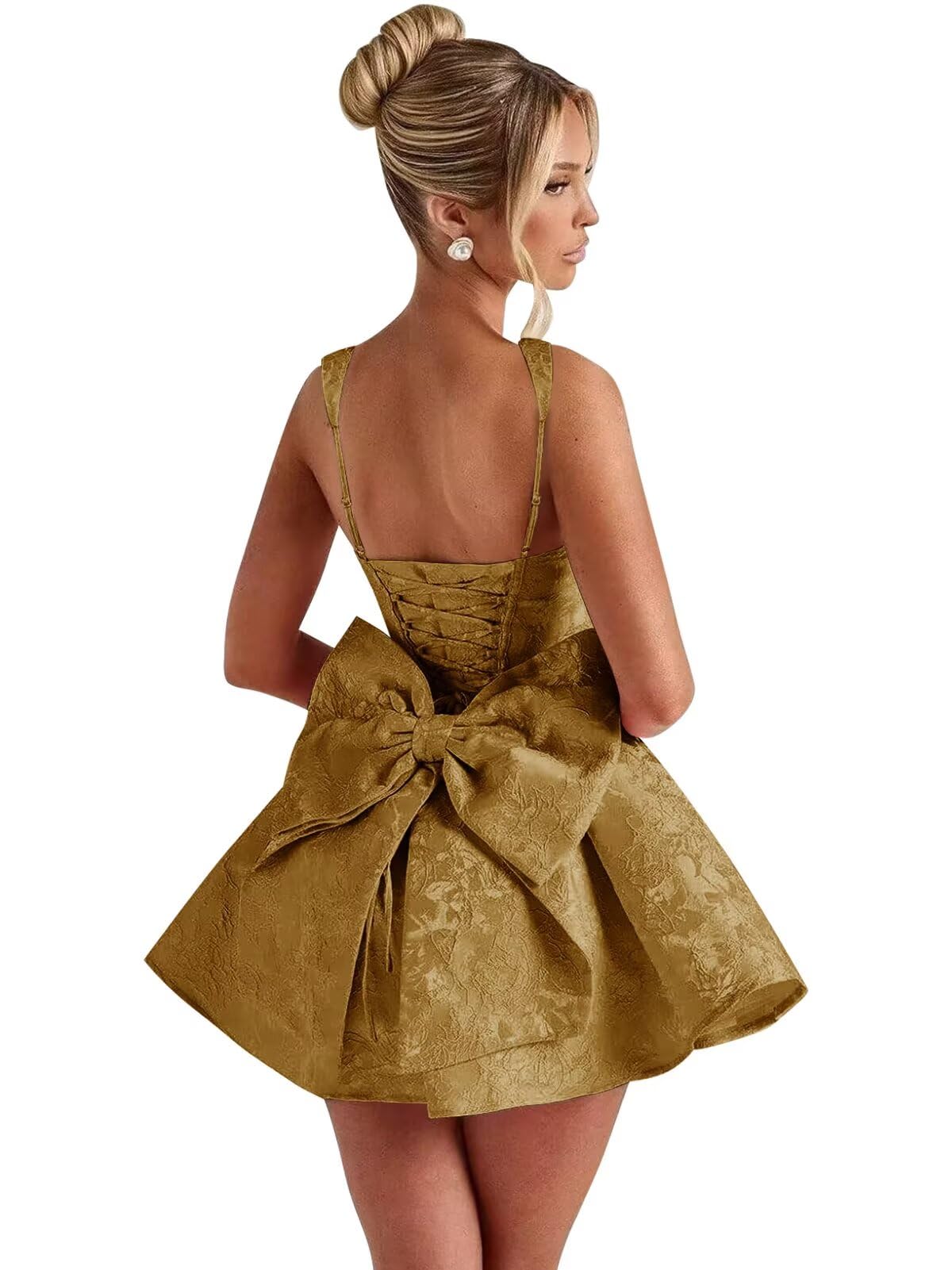 Satin Jacquard Homecoming Dress with Bow Short A-Line Mini Prom Cocktail Party Gown