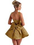 Satin Jacquard Homecoming Dress with Bow Short A-Line Mini Prom Cocktail Party Gown