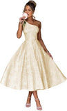 Jacquard Floral Satin Prom Dresses 2026 One Shoulder A-Line Midi Formal Evening Party Gown with Pockets for Women