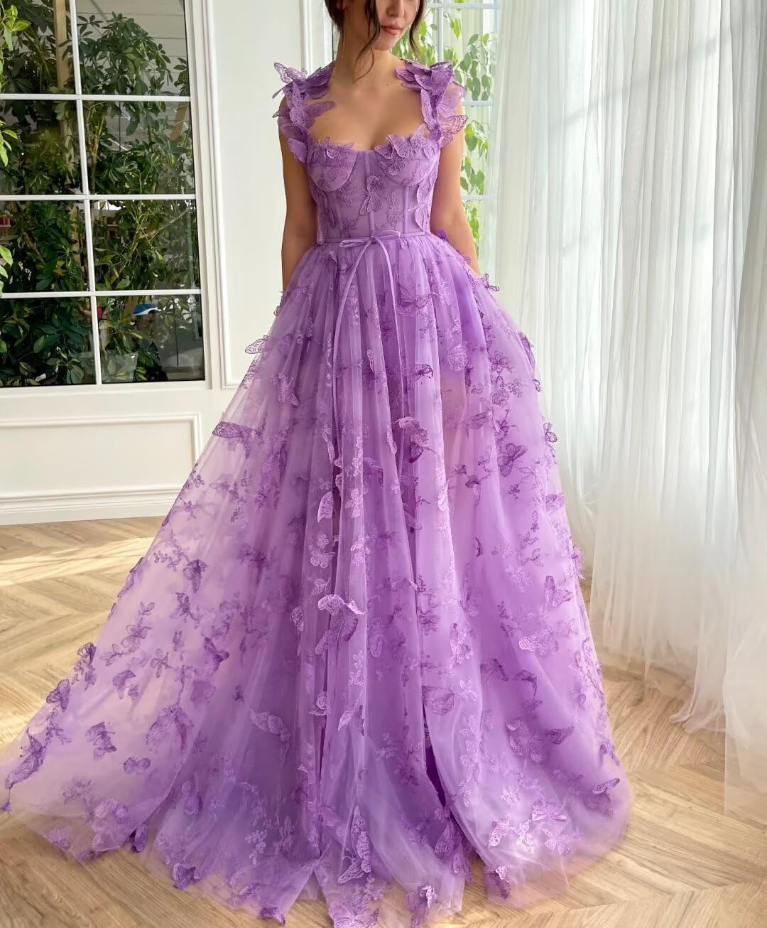 Vestidos de fiesta largos de tul con mariposas 3D para adolescentes, vestidos de fiesta formales de noche bordados con abertura 