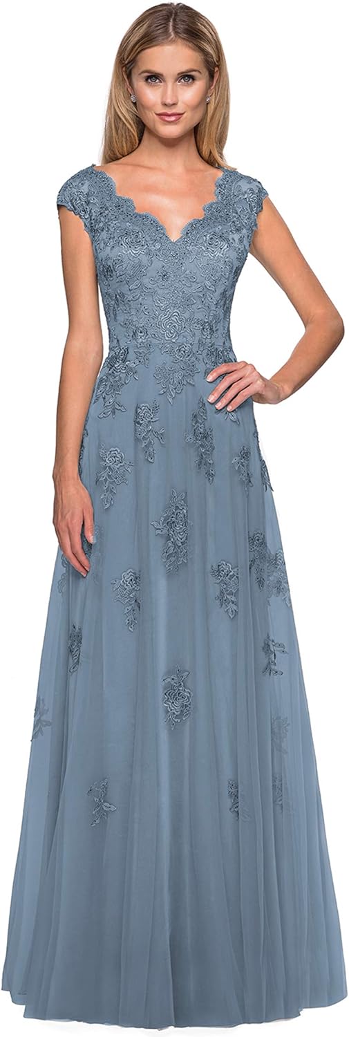 Women's V Neck Cap Sleeves Mother of The Bride Dresses Long Lace Formal Prom Evening Gowns with Pockets