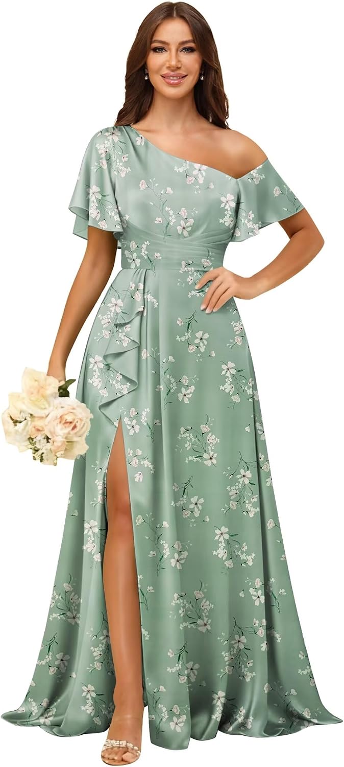 Short Sleeve Satin Bridesmaid Dresses for Women Ruffle One Shoulder Formal Evening Gowns with Slit