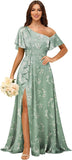 Short Sleeve Satin Bridesmaid Dresses for Women Ruffle One Shoulder Formal Evening Gowns with Slit