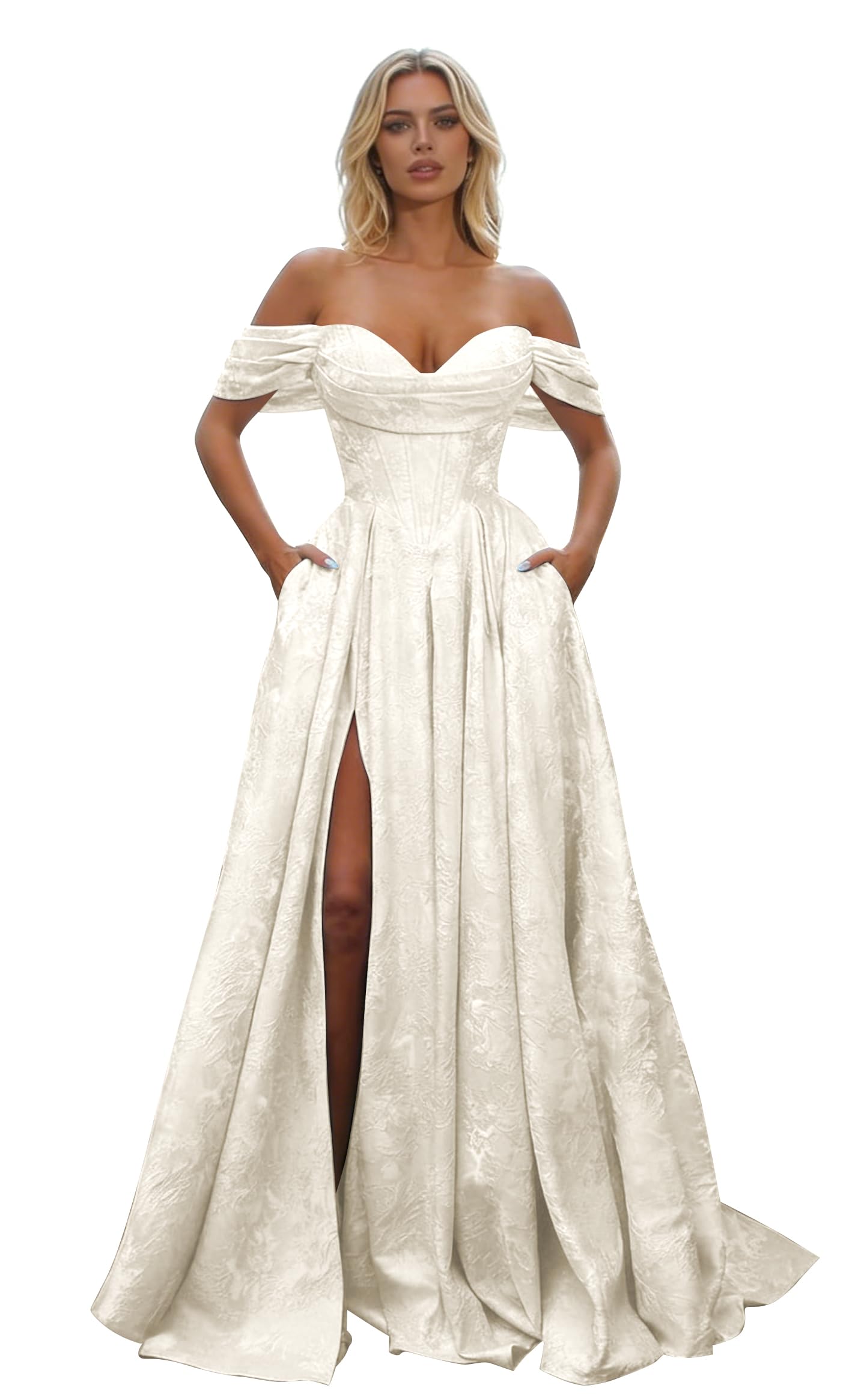 Off Shoulder Long Prom Dress 2026 Floral Satin A-Line Corset Ball Formal Evening Gown with Slit