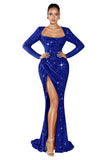 Mermaid Sequin Prom Dresses for Women 2026 Long Sleeve Ruched Formal Dress with Slit Sparkly Evening Party Gowns