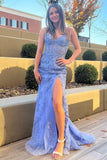 Women's Lace Mermaid Prom Dresses Long with Slit Mermaid Spaghetti Straps Backless Formal Evening Gowns