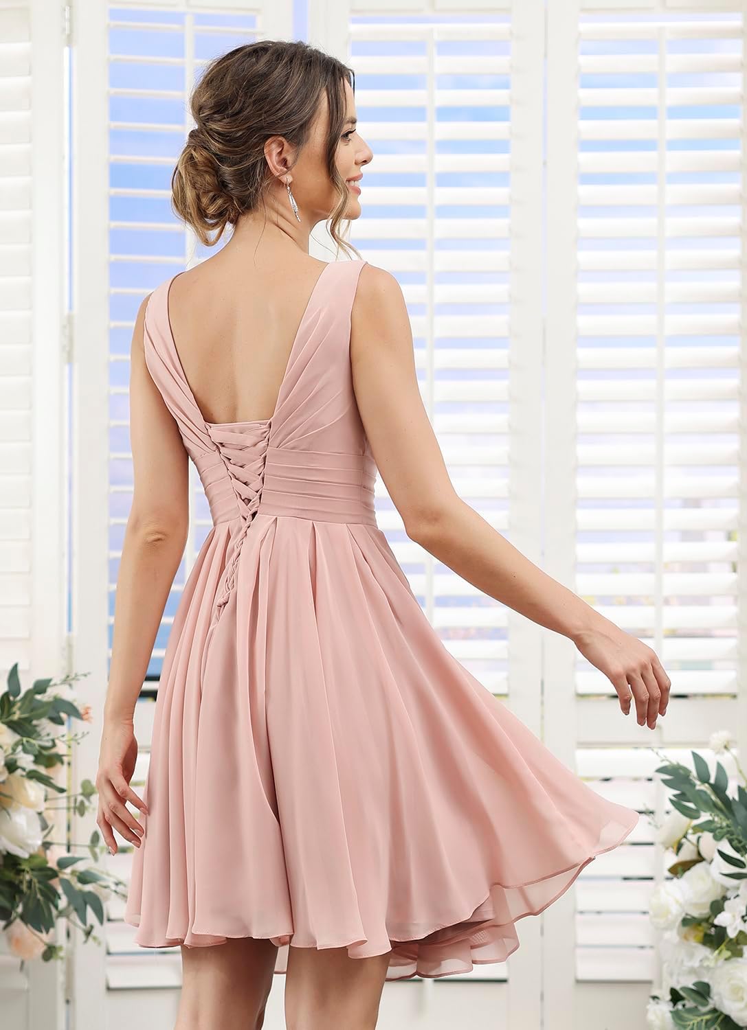 Double V Neck Short Bridesmaid Dresses for Women 2025 Chiffon A Line Formal Evening Gowns with Pockets