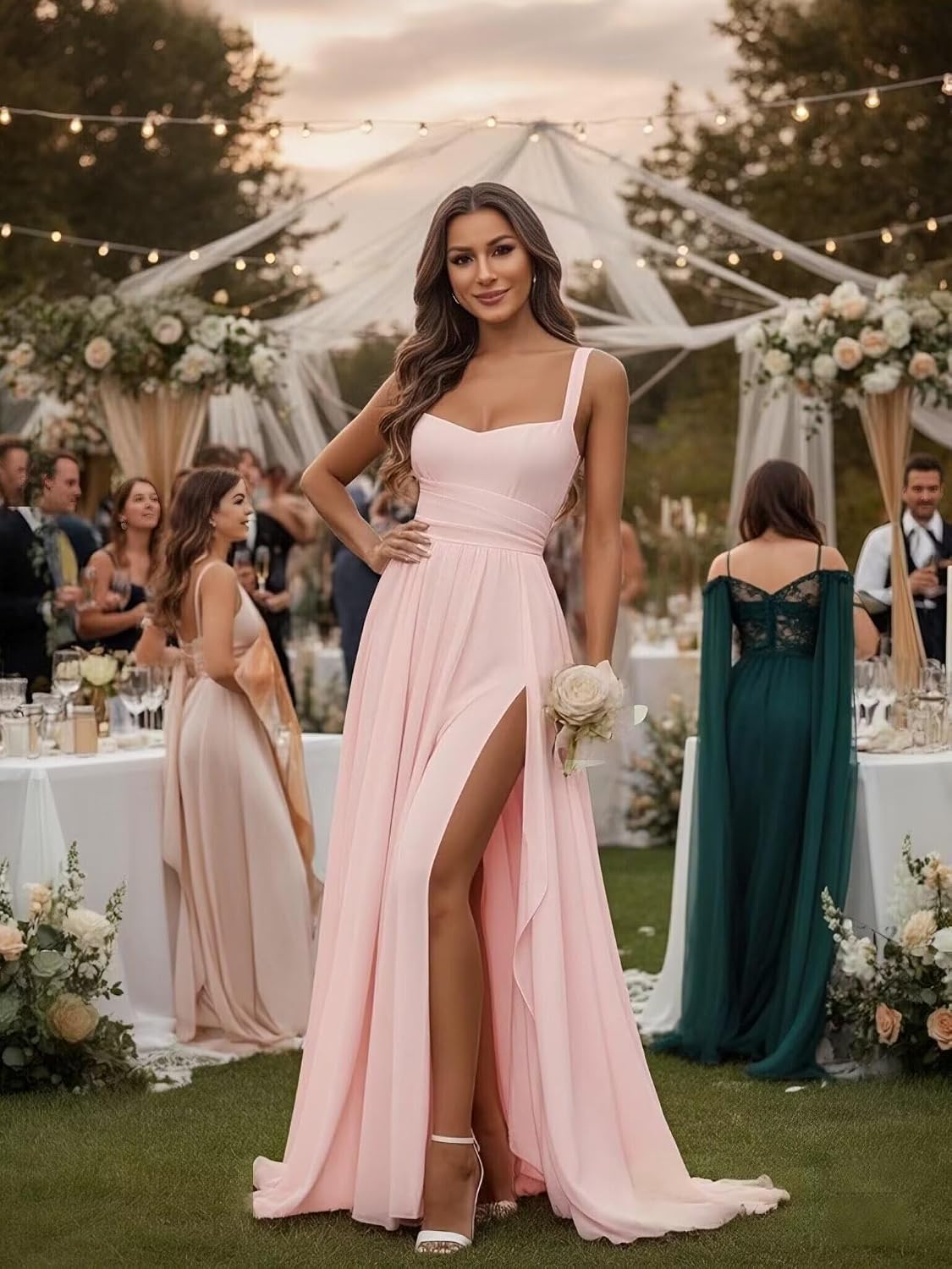 Chiffon Bridesmaid Dresses for Women Long Spaghetti Straps A-line Pleated Formal Evening Party Gowns with Pockets
