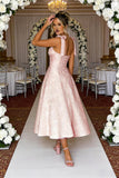 Women's Midi Bridesmaid Dresses Jacquard Satin with Bow Spaghetti Straps Square Neck Formal Wedding Guest Dress