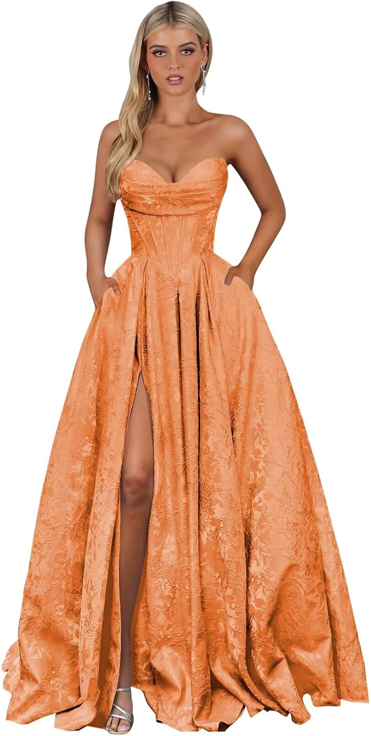 Strapless Jacquard Satin Prom Dresses for Women Corset A Line Long Formal Evening Party Gowns with Slit