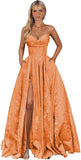 Strapless Jacquard Satin Prom Dresses for Women Corset A Line Long Formal Evening Party Gowns with Slit
