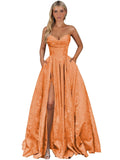 Strapless Jacquard Satin Prom Dresses for Women Corset A Line Long Formal Evening Party Gowns with Slit