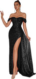Evening Gowns Formal Dresses for Women Sequin Tulle Wedding Guest Cocktail Party Sexy Off Shoulder Floor Length Prom Dress