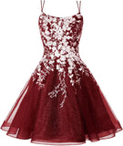 Sparkly Lace Applique Homecoming Dresses for Teens Short Corset Tulle Spaghetti Strap Prom Cocktail Party Dress