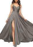 Satin Bridesmaid Dresses for Women Spaghetti Straps Wedding Guest Dress Long V Neck Formal Gown with Slit