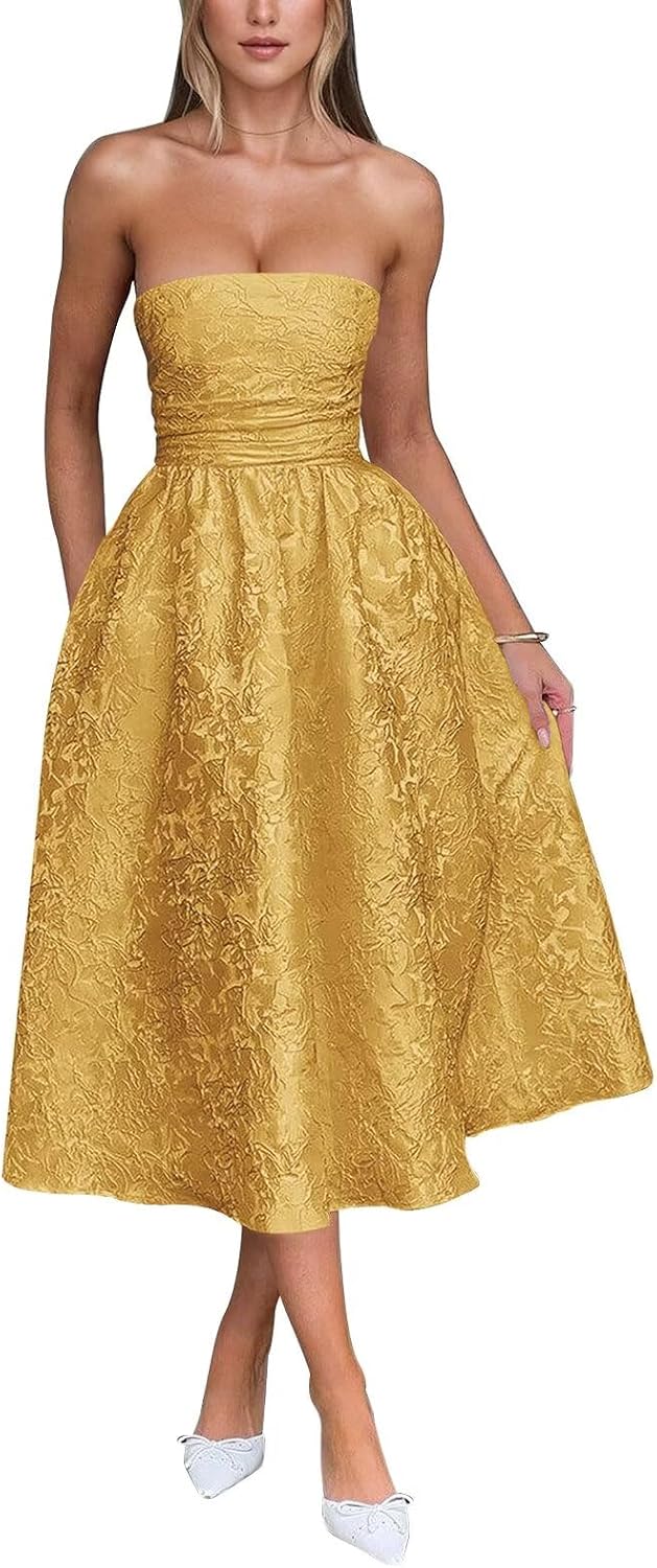 Satin Floral Jacquard Prom Dress for Women Strapless Corset Tea Length Formal Cocktail Evening Gowns