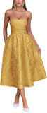 Satin Floral Jacquard Prom Dress for Women Strapless Corset Tea Length Formal Cocktail Evening Gowns