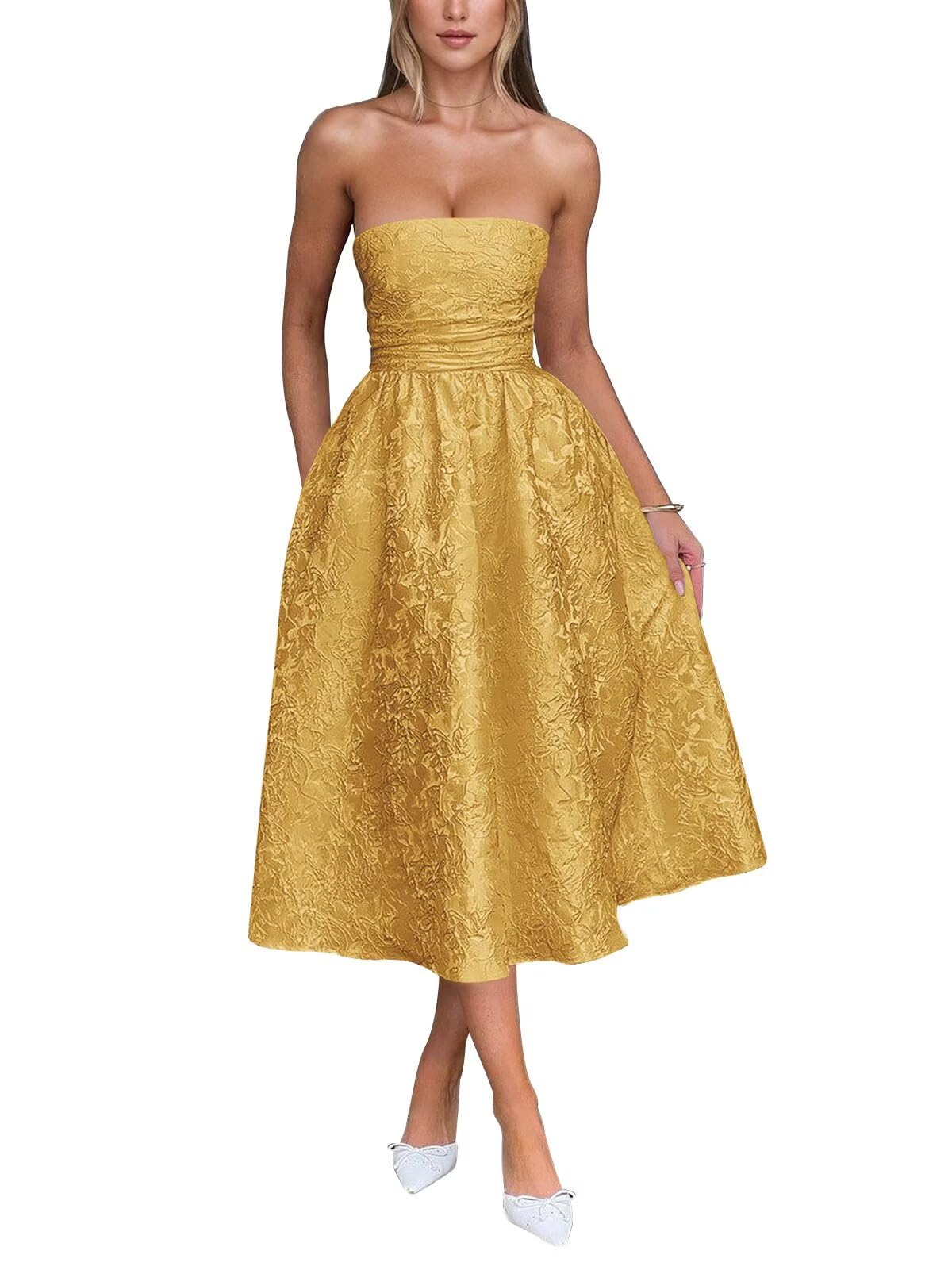 Satin Floral Jacquard Prom Dress for Women Strapless Corset Tea Length Formal Cocktail Evening Gowns