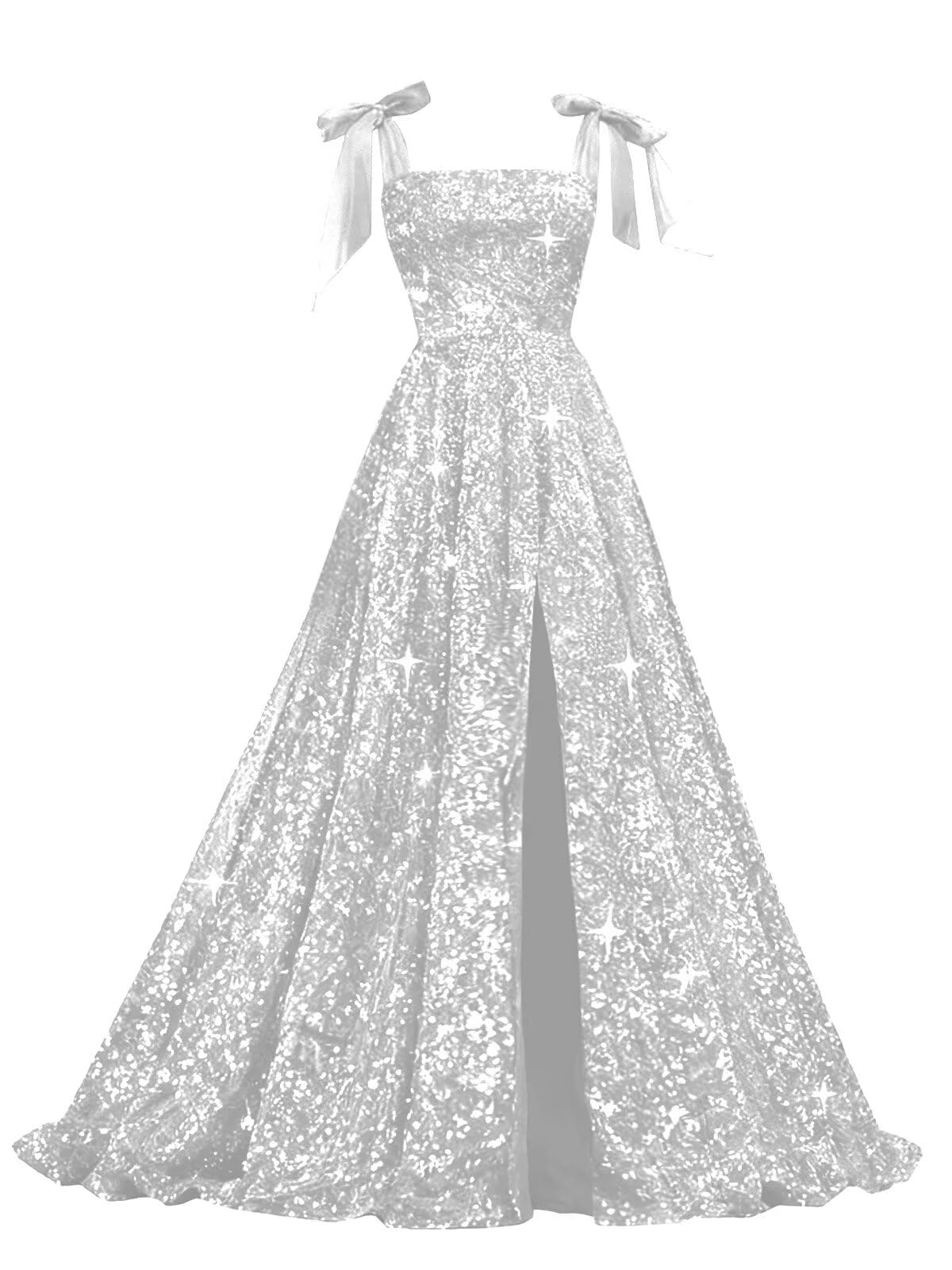 Bow Straps Prom Dresses 2026 Sparkly Sequin Square Neck Ruched Long Puffy Ball Gown Formal Dress with Slit Pockets