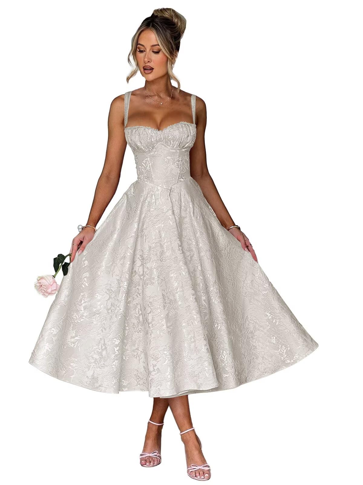 Eightale Satin Jacquard Prom Dress with Bow Tea Length Floral Midi Formal Evening Party Gown