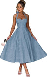 Jacquard Satin Prom Dresses for Women Vintage A-Line Midi Halter Sweetheart Formal Evening Party Gowns with Pockets