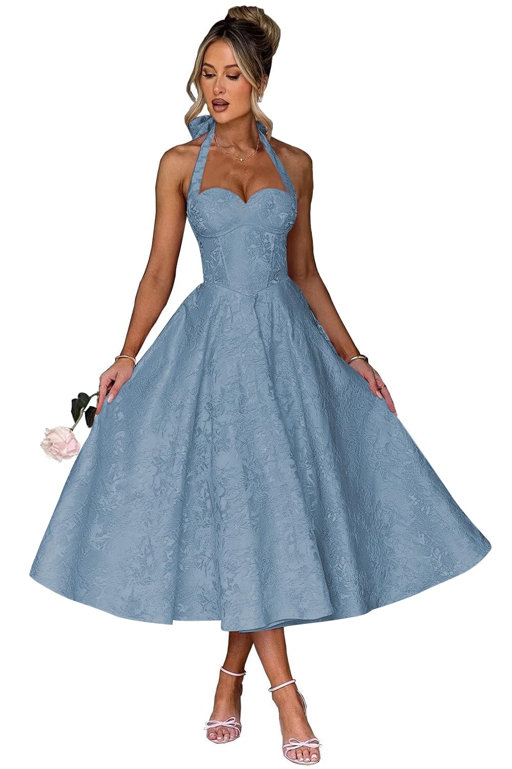 Jacquard Satin Prom Dresses for Women Vintage A-Line Midi Halter Sweetheart Formal Evening Party Gowns with Pockets