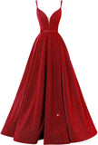 Women's Glittery Spaghetti V-Neck Prom Dresses Long Side Split Formal Evening Gowns