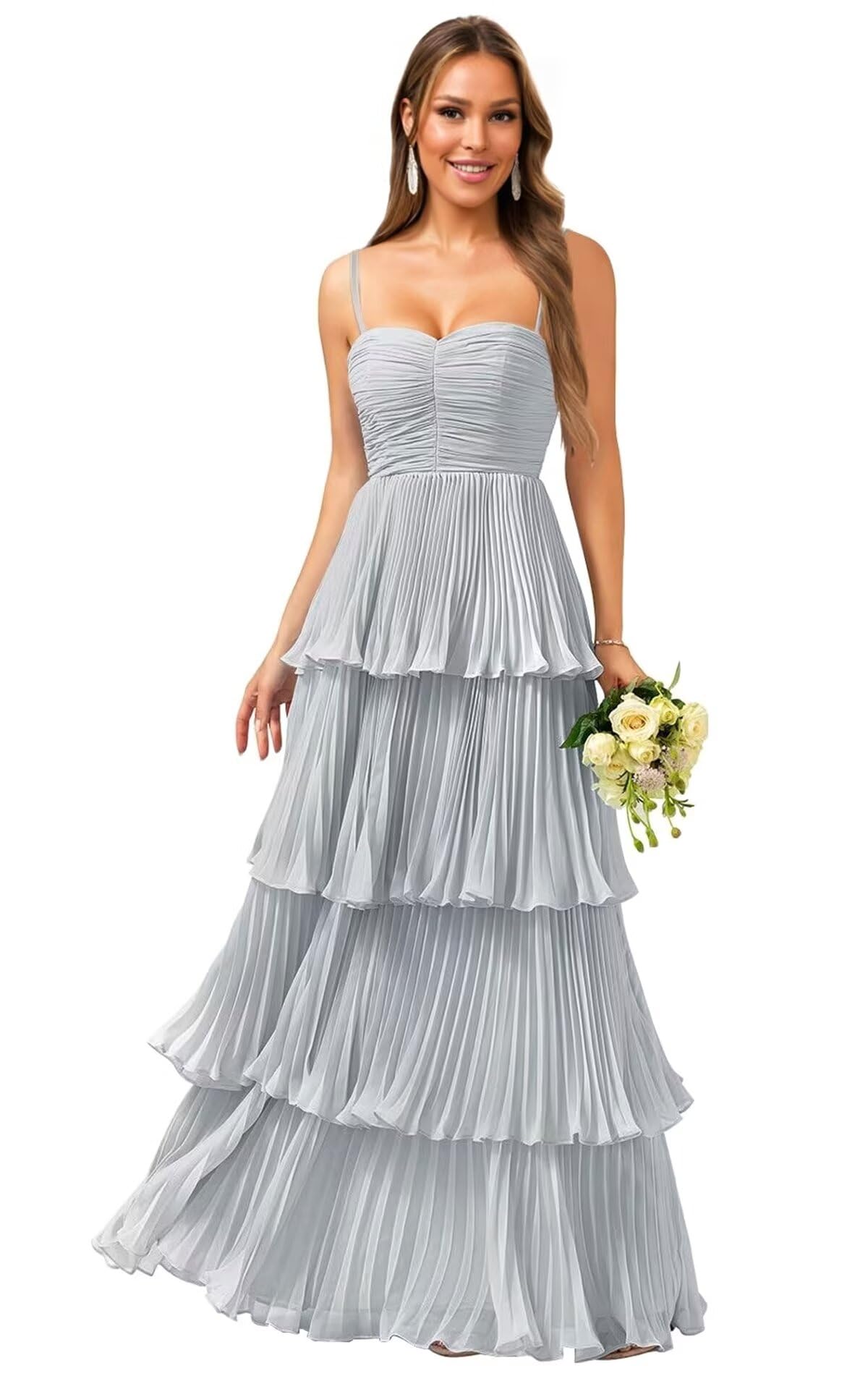 Tiered Ruffle Bridesmaid Dresses for Women Spaghetti Straps Long Chiffon Formal Evening Prom Gowns